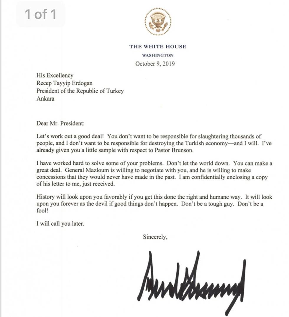 Imagem da carta de Trump a Erdogan.